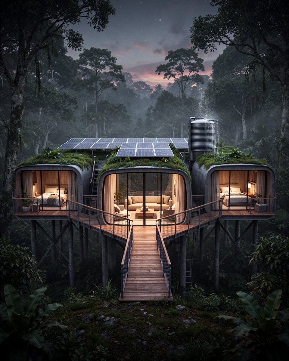夜间高架森林住宅建筑可视化海报：一个中央玻璃墙生活舱，室内灯光温暖，木板步桥将其连接到两个高架的卧室舱（支撑在高跷上），绿色活体屋顶配有太阳能电...