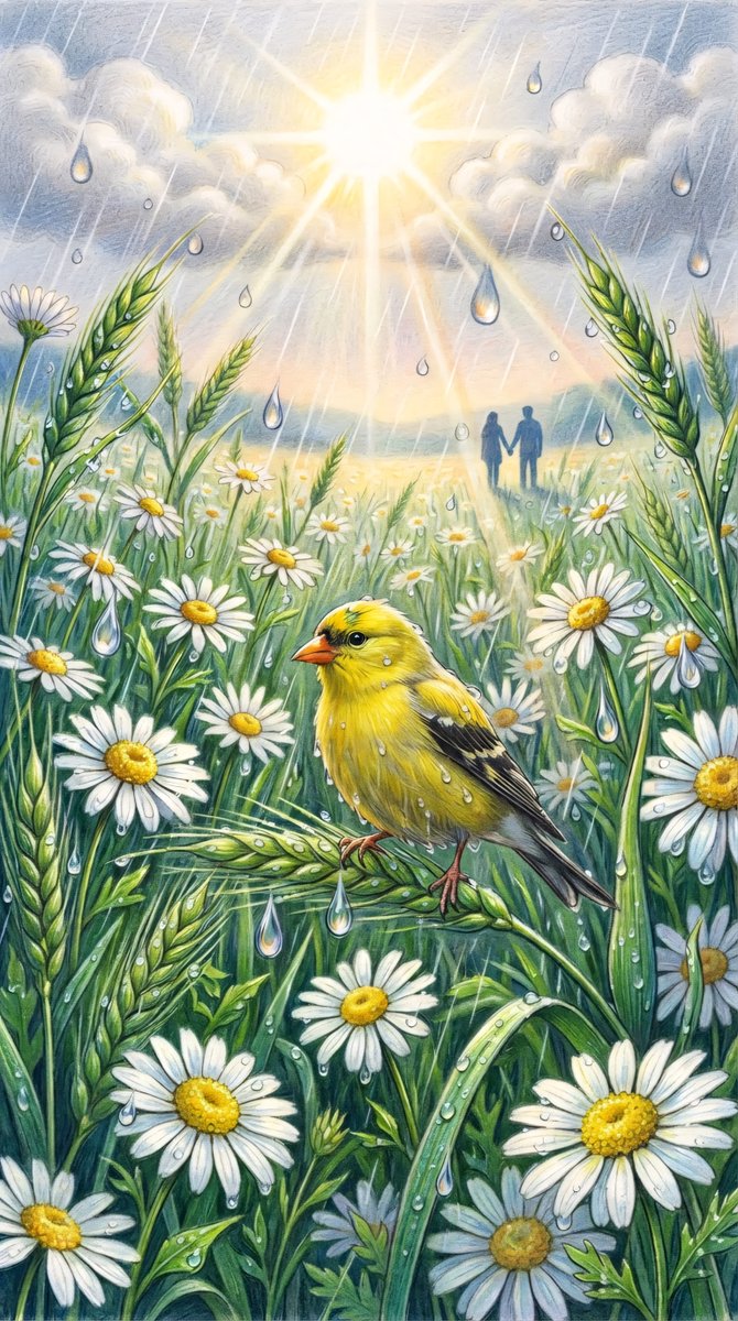 一幅色彩鲜艳的竖版彩色铅笔插画。在前景中，一只小巧的鲜黄色金翅雀停栖在一根弯曲的绿色麦穗上，拥有橙色的喙和隐约的黑色翅羽纹路，羽毛上沾着细小的水...