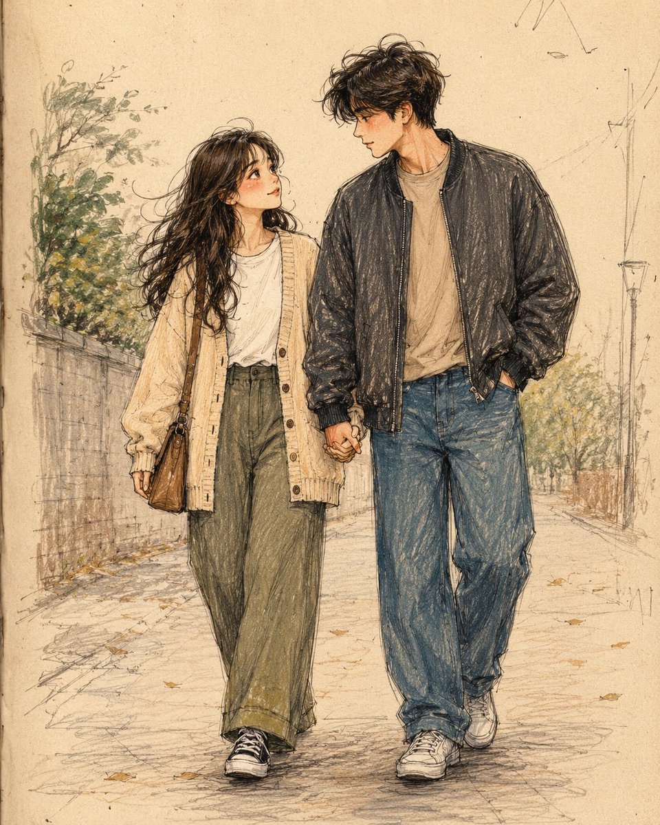 创作一幅清新、温馨的手绘彩铅插画，描绘一对时髦的年轻情侣在一个宁静的日子里悠然漫步，画面灵感来源于当代日本与韩国的速写本生活艺术。画面以全身视角...
