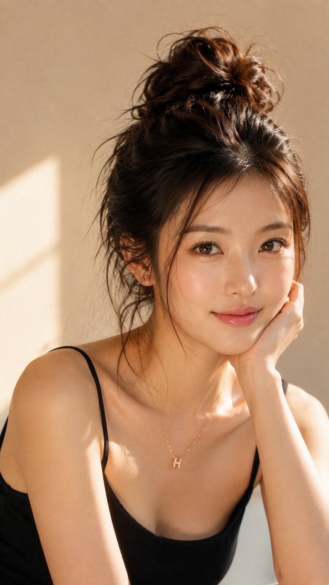 GPT Image 2 on ChatGPT Prompt; 超写实的美丽人像摄影，镜头中是一位迷人的年轻东亚女性，肌肤自然水润、透亮发光，五官精致柔和。她温暖的棕色双眸神采奕奕、引人入胜，搭...