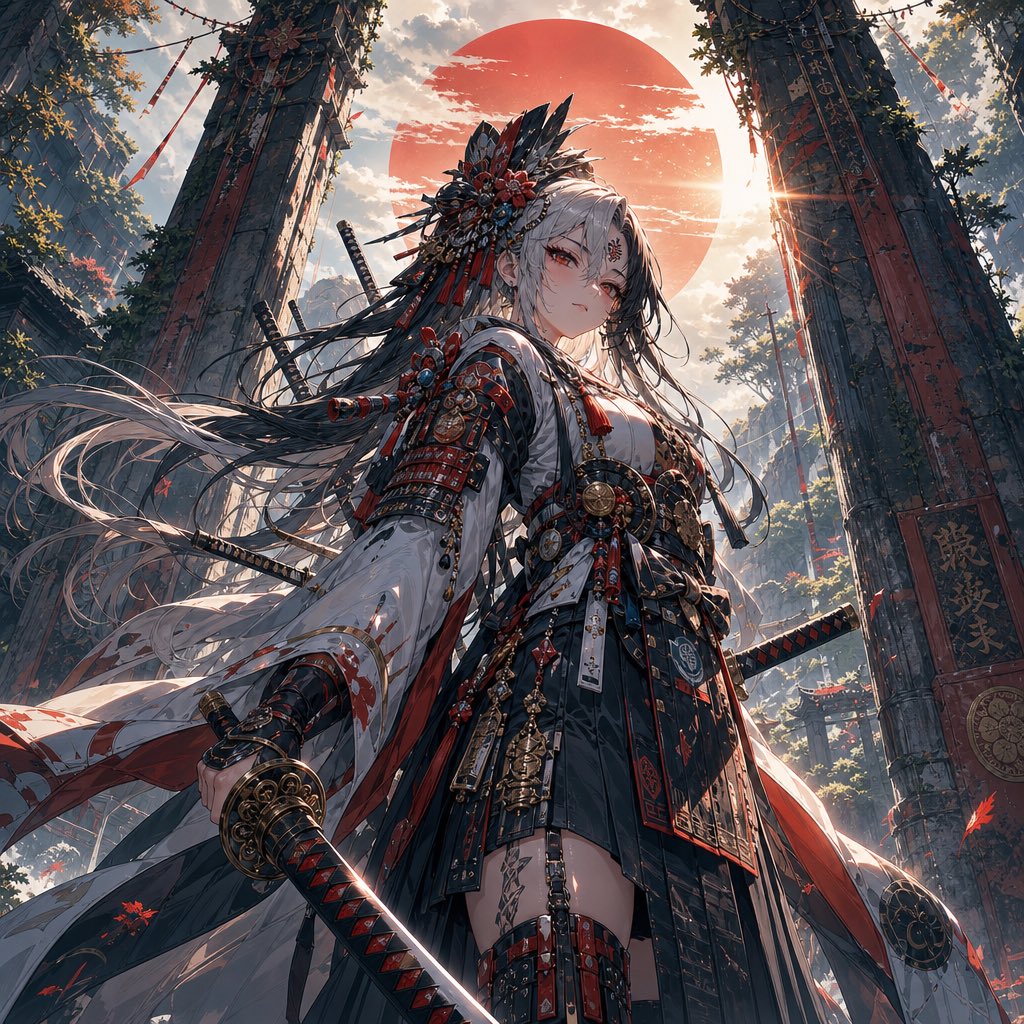杰作,最高质量,超精细动漫插画,凶猛的女武士战士,低角度英雄肖像,居中构图,炽烈发光的黑色眼睛搭配锋利的红色眼线,苍白肌肤,长渐变白色与黑色头发...