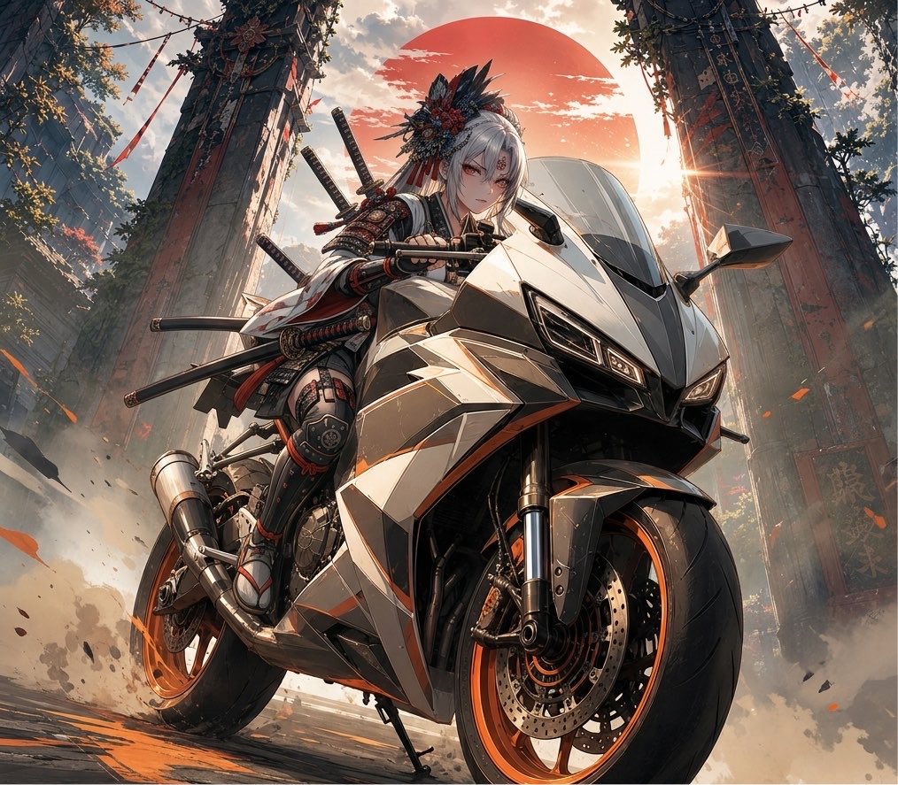 杰作,最高质量,超精细动漫插画,凶猛的女武士战士,低角度英雄肖像,居中构图,炽烈发光的黑色眼睛搭配锋利的红色眼线,苍白肌肤,长渐变白色与黑色头发配以戏剧性发丝与华丽发饰,身着高度精细的未来风日...