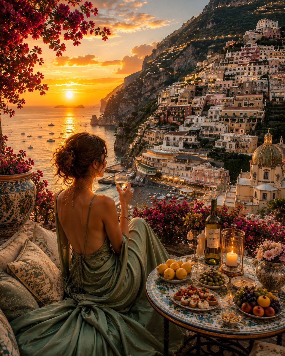 阿马尔菲金色时刻逃离 🇮🇹 地中海之上一个静谧奢华的傍晚，景色本身就是全部体验。 有些傍晚会让你忘记今天是星期几。✨ 只有一方安静的露台、一轮金...