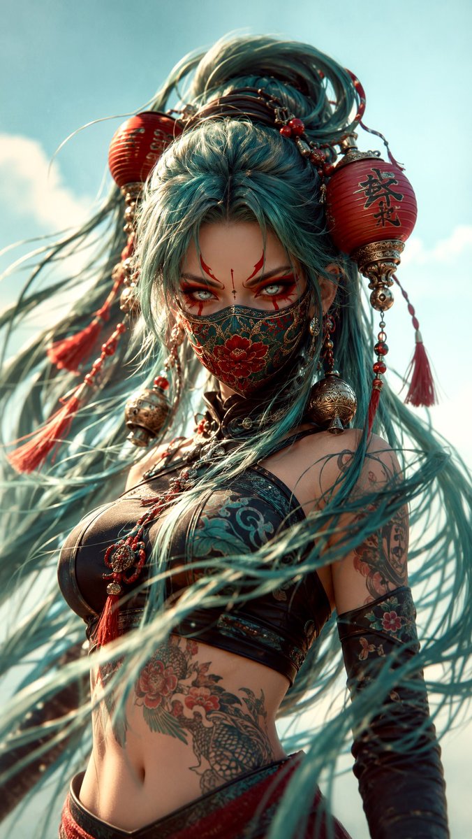 竖构图特写肖像：一位凶猛未来的女性战士，头发高束，呈极长的流动青色（teal）长发，装饰有超大红色纸灯笼饰品、雕刻银铃、串珠、绳索与流苏。她身穿...