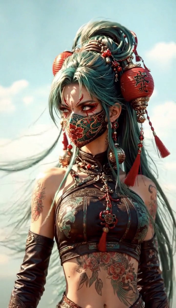 竖构图特写肖像：一位凶猛未来的女性战士，头发高束，呈极长的流动青色（teal）长发，装饰有超大红色纸灯笼饰品、雕刻银铃、串珠、绳索与流苏。她身穿合身的黑青色紧身短款战斗服，并佩戴一款以深红、翡...