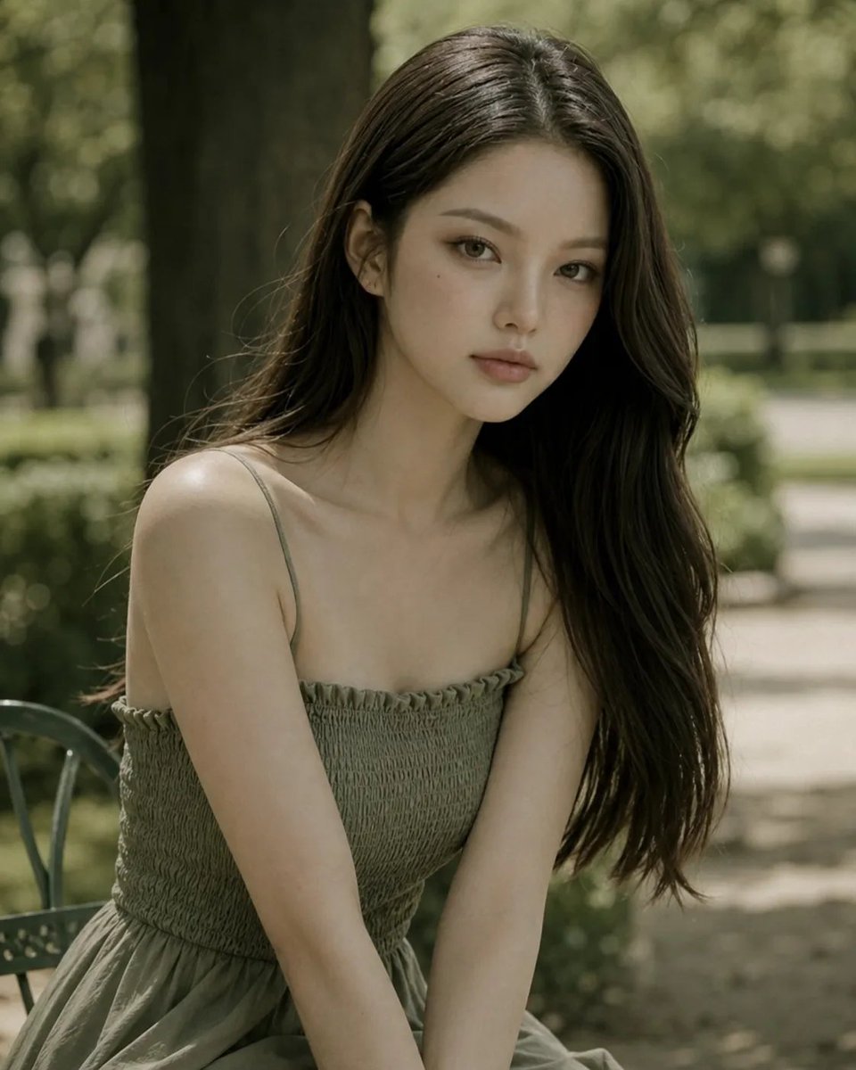 高分辨率、高时尚中近景摄影，公园里的年轻女性，参考图像相似度，度假风服装，过肩回眸姿势，柔唇，柔白皮肤，精致面容，忧郁眼神，亲密情感氛围，大地色...