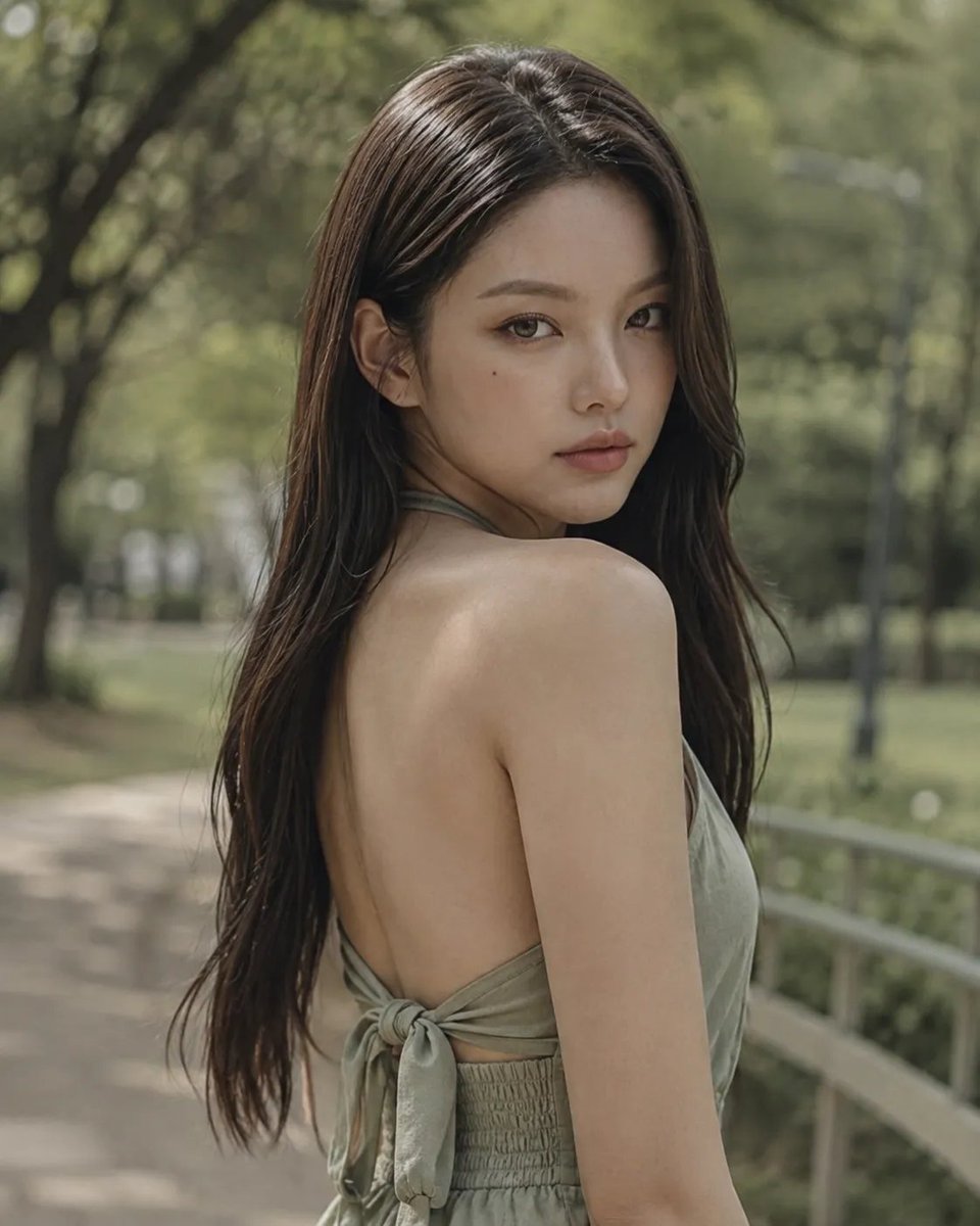 高分辨率、高时尚中近景摄影，公园里的年轻女性，参考图像相似度，度假风服装，过肩回眸姿势，柔唇，柔白皮肤，精致面容，忧郁眼神，亲密情感氛围，大地色单色鼠尾草绿色调，统一的橄榄绿色调，柔和漫射自然...