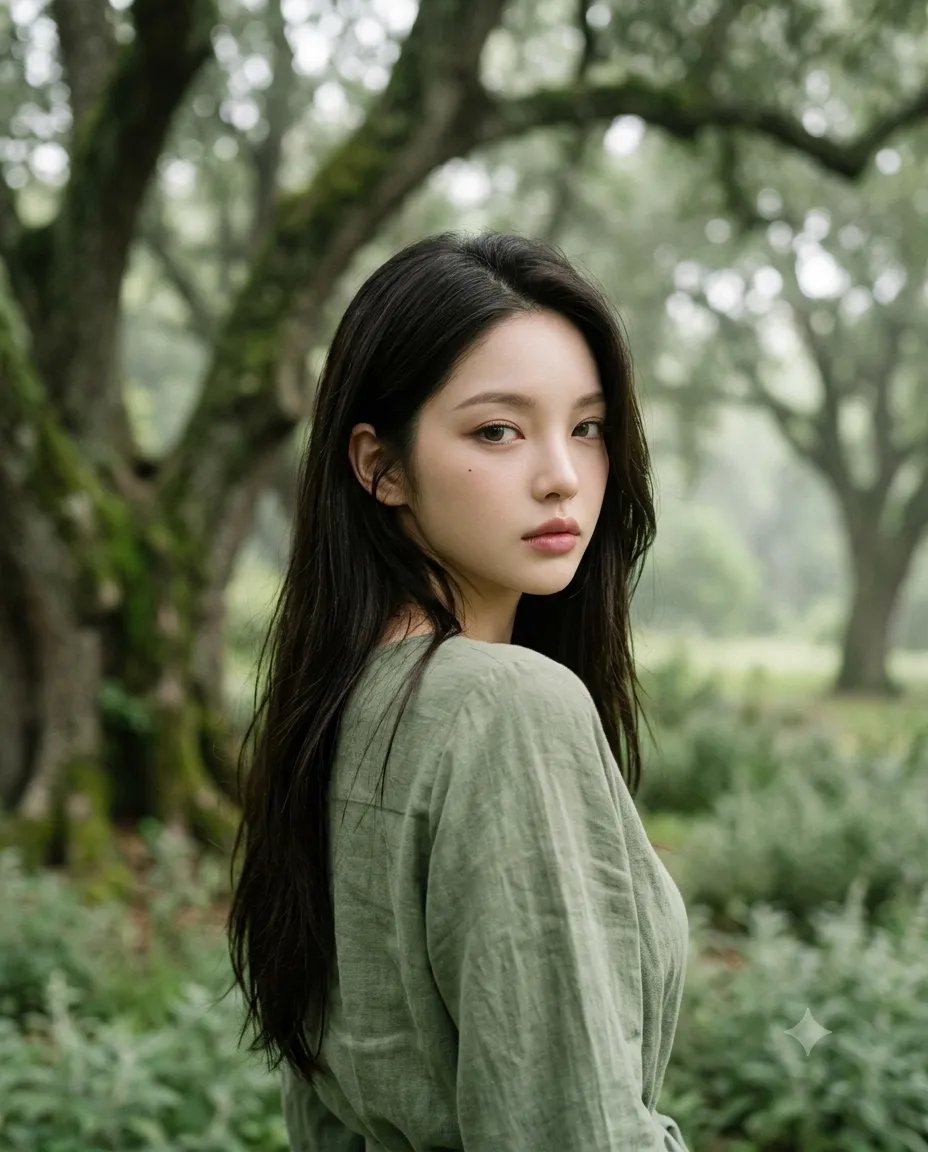 高分辨率、高时尚中近景摄影，公园里的年轻女性，参考图像相似度，度假风服装，过肩回眸姿势，柔唇，柔白皮肤，精致面容，忧郁眼神，亲密情感氛围，大地色单色鼠尾草绿色调，统一的橄榄绿色调，柔和漫射自然...