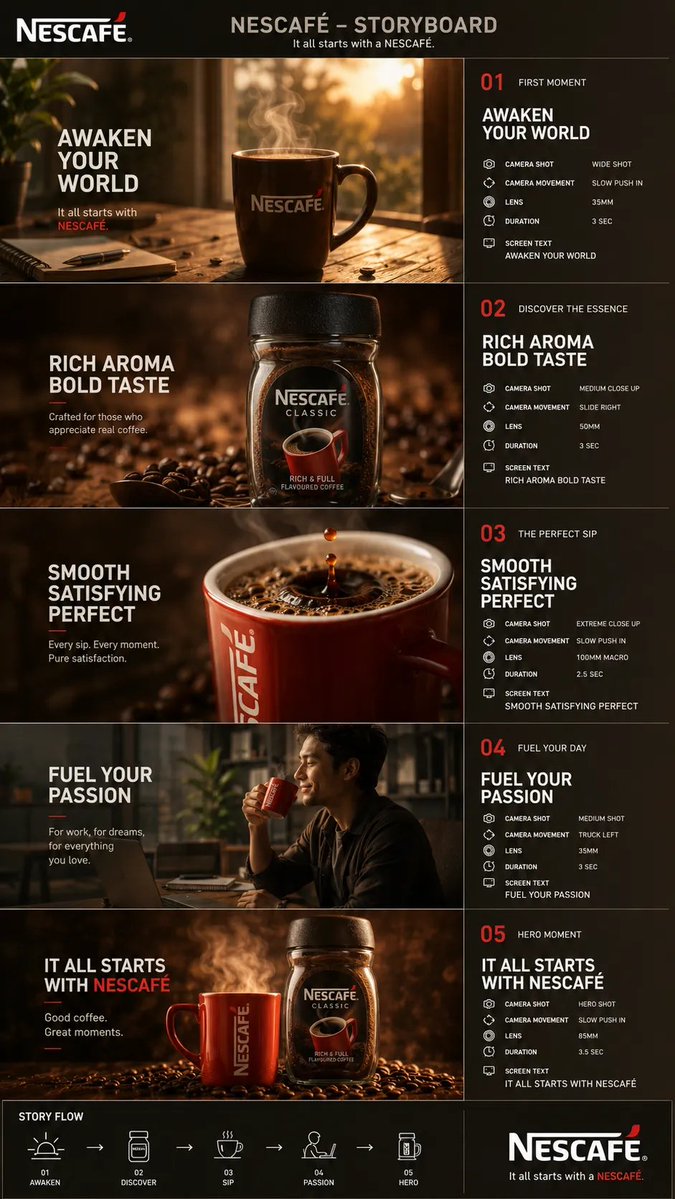 为NESCAFÉ经典咖啡广告生成一份专业的竖版（9:16）分镜脚本，包含5个相互关联的电影感场景。整体风格 * 官方NESCAFÉ全球广告活动...