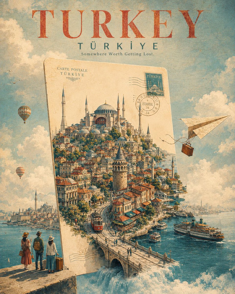 为 [CITY, COUNTRY] 创作一张引人注目的奢华旅行海报，采用超现实的视觉概念：整座城市正从一张漂浮在天空中的巨型复古明信片中浮现出来...