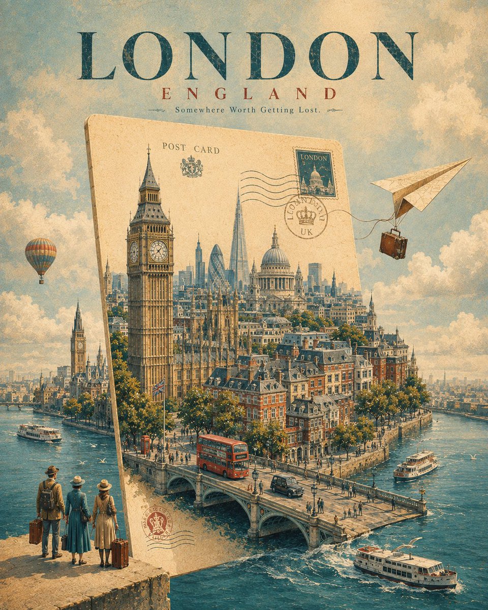 为 [CITY, COUNTRY] 创作一张引人注目的奢华旅行海报，采用超现实的视觉概念：整座城市正从一张漂浮在天空中的巨型复古明信片中浮现出来。 一张巨大的米色复古明信片垂直竖立在画面中央，...