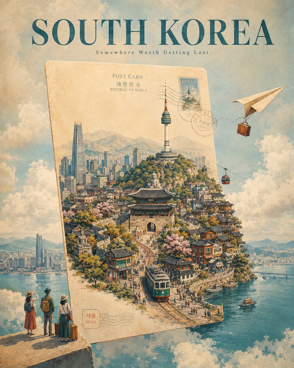 为 [CITY, COUNTRY] 创作一张引人注目的奢华旅行海报，采用超现实的视觉概念：整座城市正从一张漂浮在天空中的巨型复古明信片中浮现出来。 一张巨大的米色复古明信片垂直竖立在画面中央，...