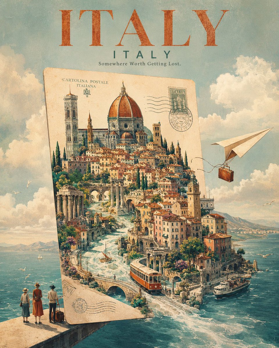为 [CITY, COUNTRY] 创作一张引人注目的奢华旅行海报，采用超现实的视觉概念：整座城市正从一张漂浮在天空中的巨型复古明信片中浮现出来。 一张巨大的米色复古明信片垂直竖立在画面中央，...