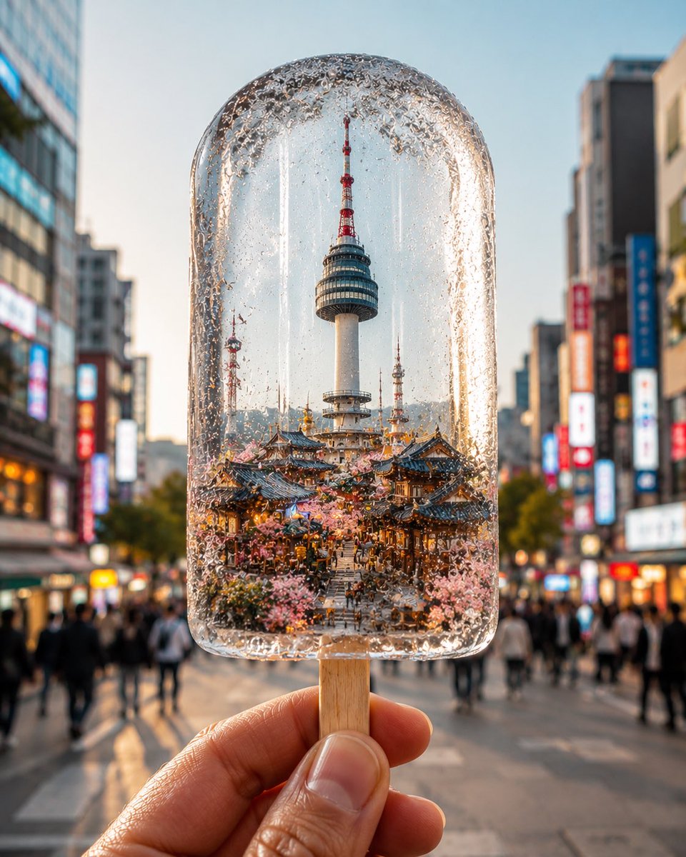 创建一张超写实竖版 4:5 概念旅行摄影作品，主题为 [CITY / COUNTRY]，将目的地的全部精髓魔法般冻结在一根由人物手持的晶莹剔透的...