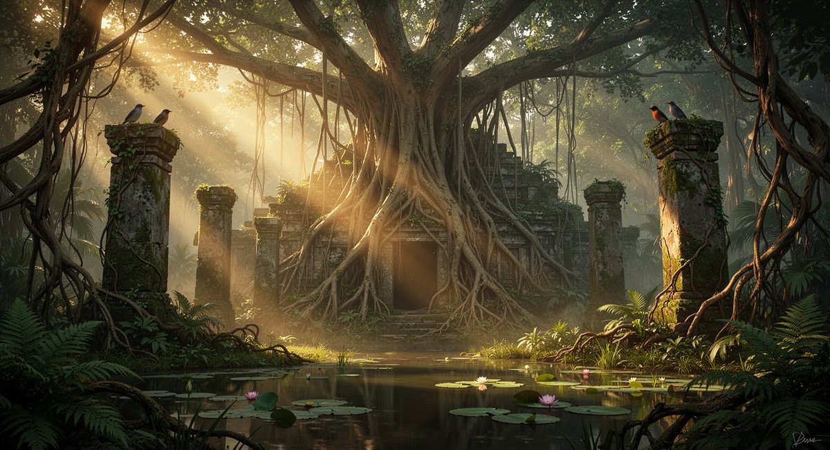 高端电影级风格化写实数字概念艺术，AAA 环境关键帧插画，电影 matte-painting 般的纵深感。黎明时分古老丛林，巨大的榕树枝系蔓延，...