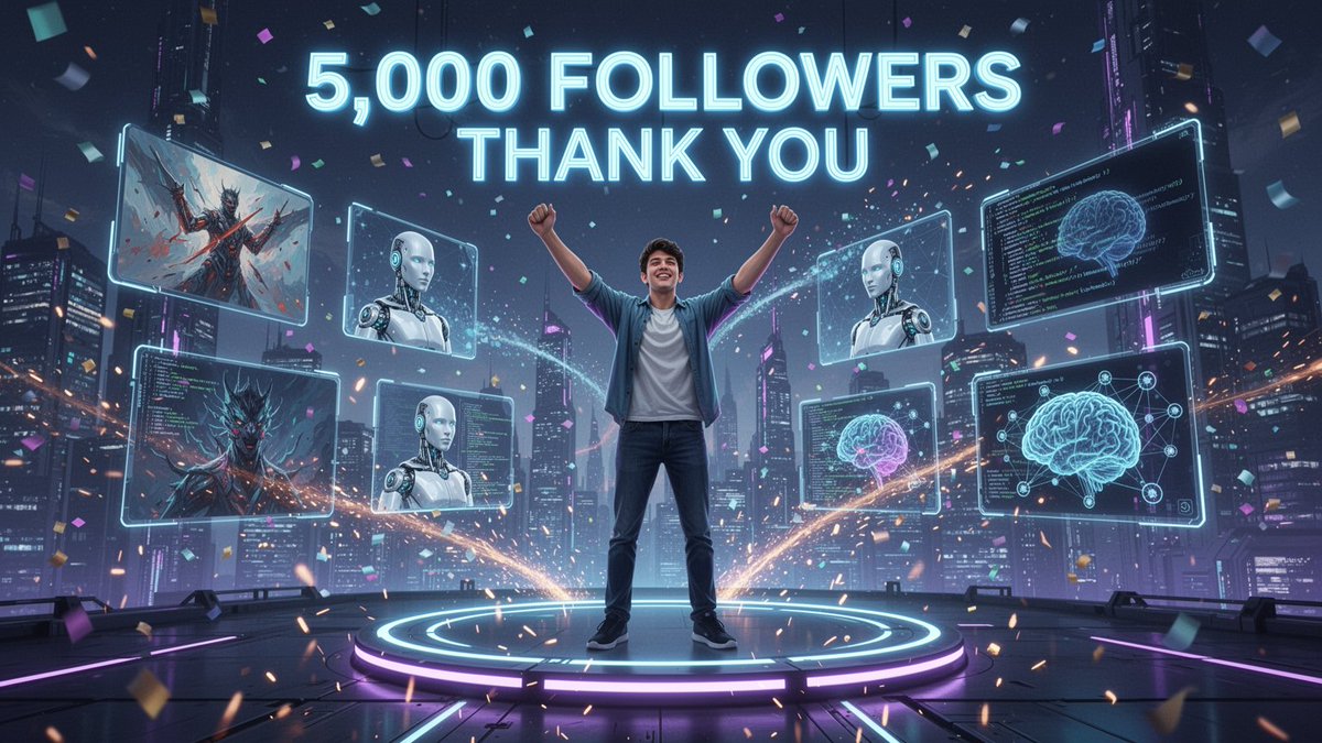一个令人惊叹的未来主义里程碑庆祝场景，献给一位AI内容创作者：一位自信的年轻人站在一个发光的圆形霓虹平台上，双臂高举，呈现胜利姿态，背景是夜晚闪...