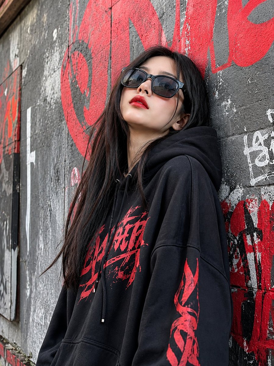 一幅电影感的暗黑街头时尚人像照：一位年轻女性倚靠在一面粗粝的城市墙面上，身穿一件宽松的黑色连帽衫，帽衫上带有隐约可见的红色图形字体印花。她留着长...