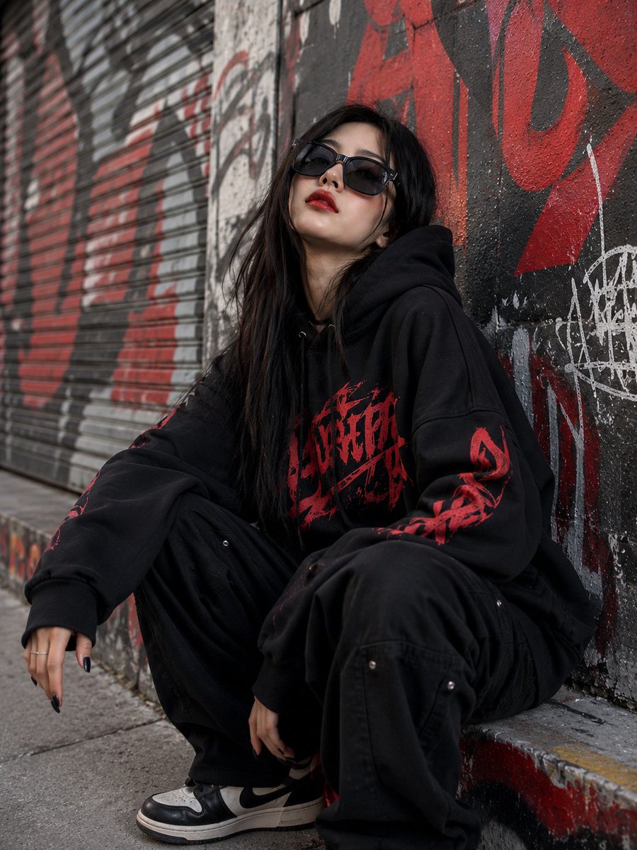 一幅电影感的暗黑街头时尚人像照：一位年轻女性倚靠在一面粗粝的城市墙面上，身穿一件宽松的黑色连帽衫，帽衫上带有隐约可见的红色图形字体印花。她留着长而顺直的深色头发，自然地披散在肩部两侧，戴着一副...
