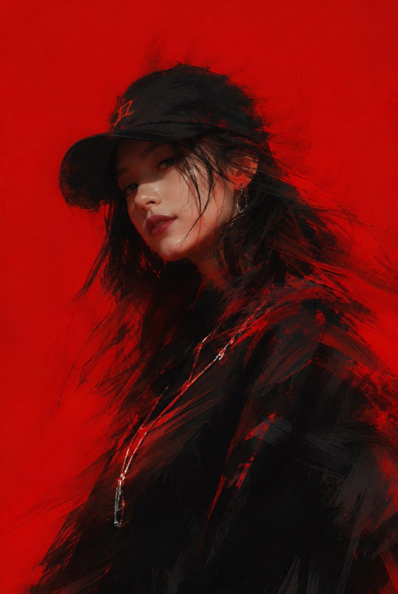 美丽的说唱女性戴着棒球帽，模糊效果，绘画笔触，极简插画。背景是纯粹的宝石红。动态角色角度配以运动模糊。角色以黑色与红色调为主，穿着黑色服装，与戏...