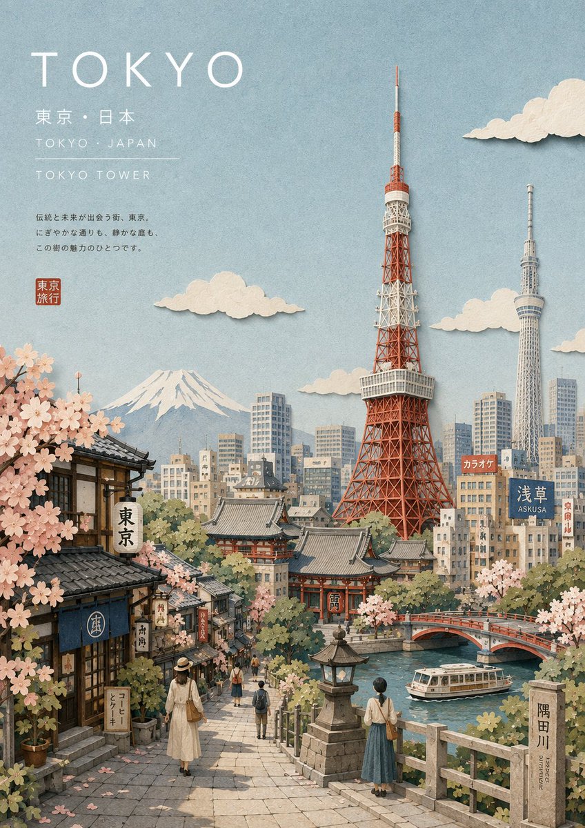 使用 GPT image 2 创建 提示 ↓ 为 {{CITY_NAME}} 创作一张高级插画旅行明信片，采用精致的日本旅游杂志美学风格。 自动...