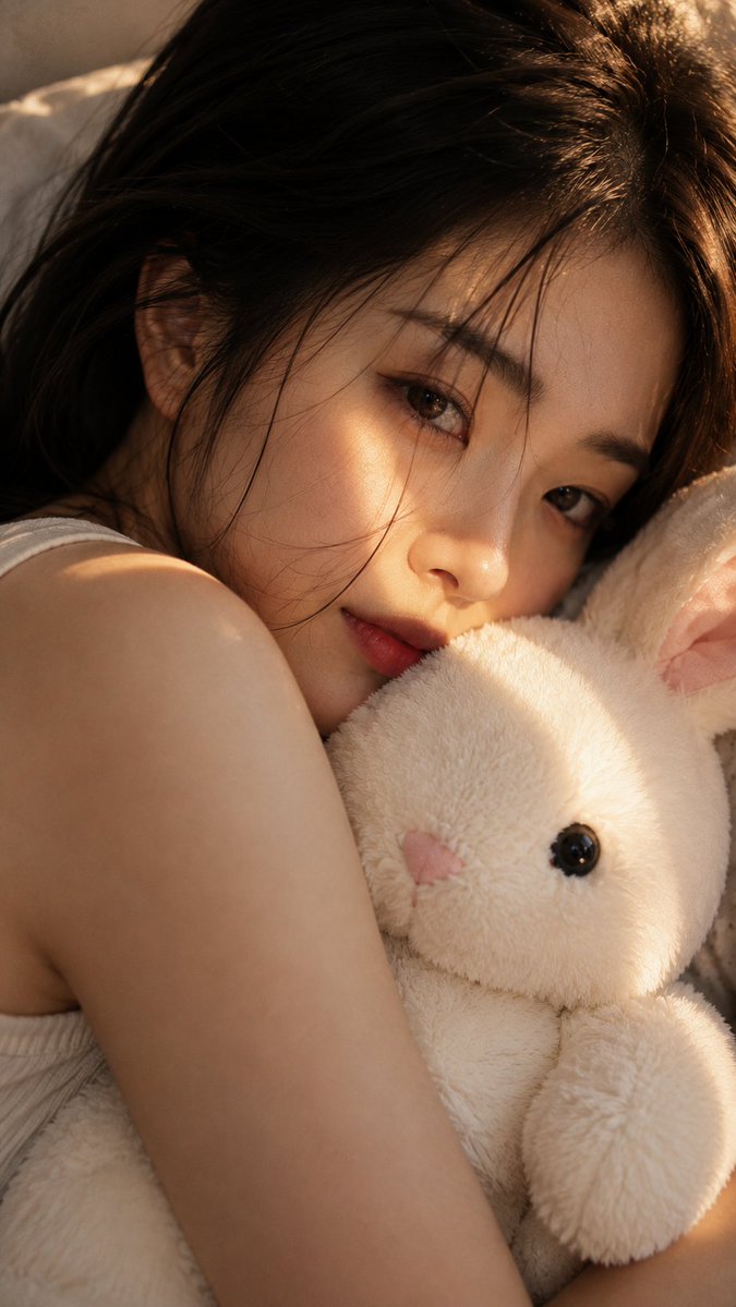 参考图中成年女性的电影级超写实极特写镜头，严格保持身份一致性，精确还原其面部特征与比例。她躺在床上，将一只大型白色毛绒兔紧紧贴在脸颊。70–80...
