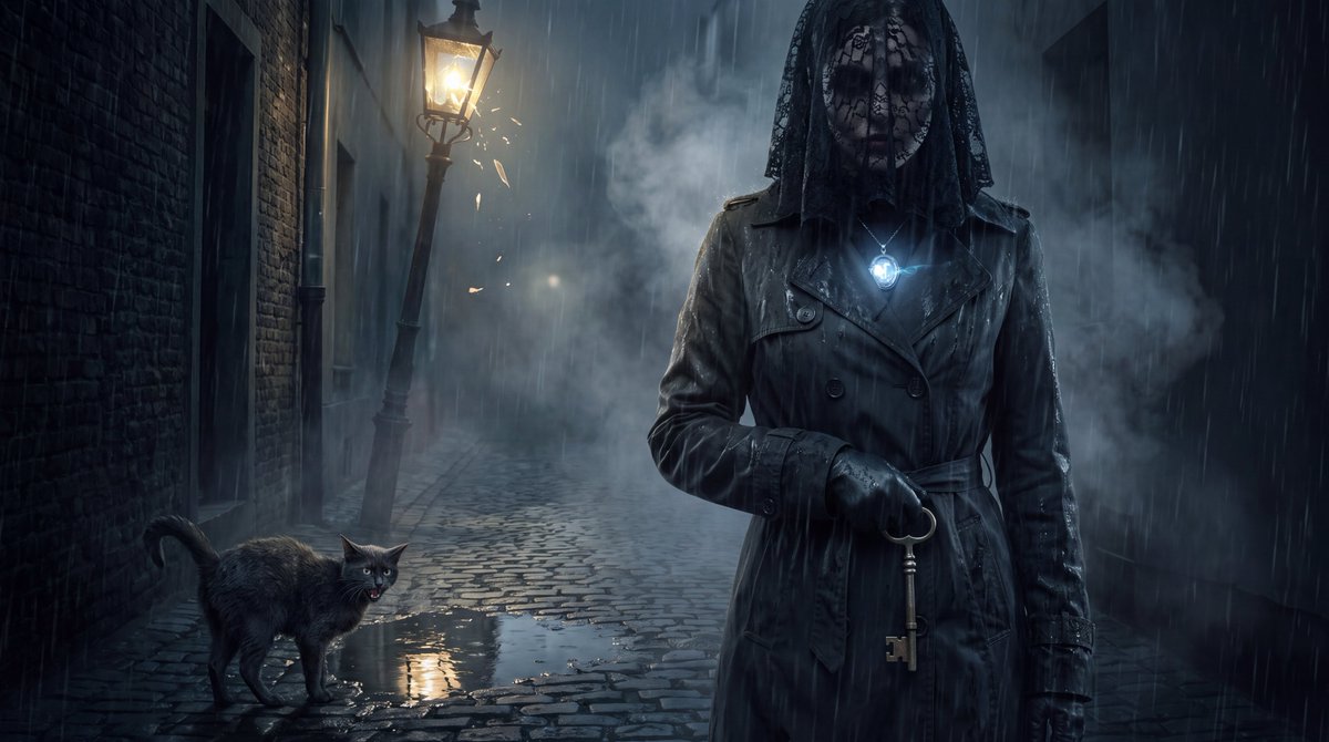 在一盏破裂的煤气灯下，她站在雨水浸透的巷子里等候，黑色蕾丝面纱沾满雾气，凝结成水珠。银色吊坠贴在她锁骨旁跳动，暗示信使已经接近。她戴着手套的手按在一把形似教堂钥匙的暗藏短刃上。她一动不动，不呼...