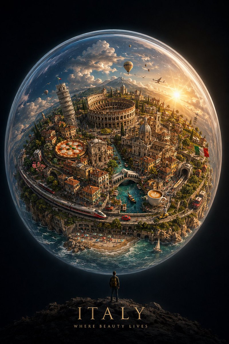 创作一幅引人注目的竖版 4:5 概念艺术作品，以 [CITY / COUNTRY] 化身为一个微小漂浮的世界，悬于一片广阔、深邃而极简的天空之中...