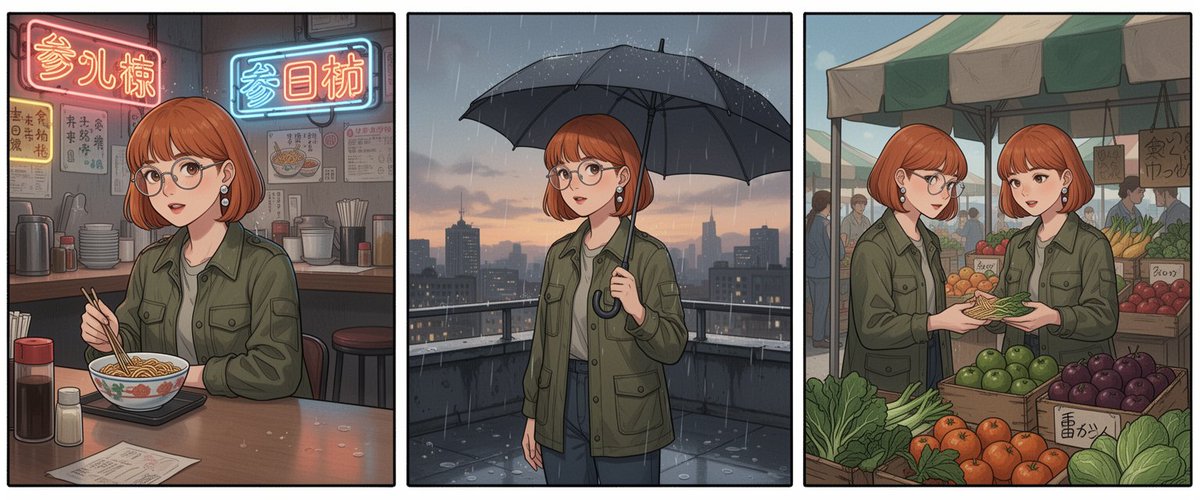 三格漫画风格三联画,每格中为同一原创角色:年轻女性,铜红色短发波波头,圆框金属细框眼镜,橄榄绿色工装夹克,银色耳钉 —— 第一格:夜晚坐在霓虹灯...