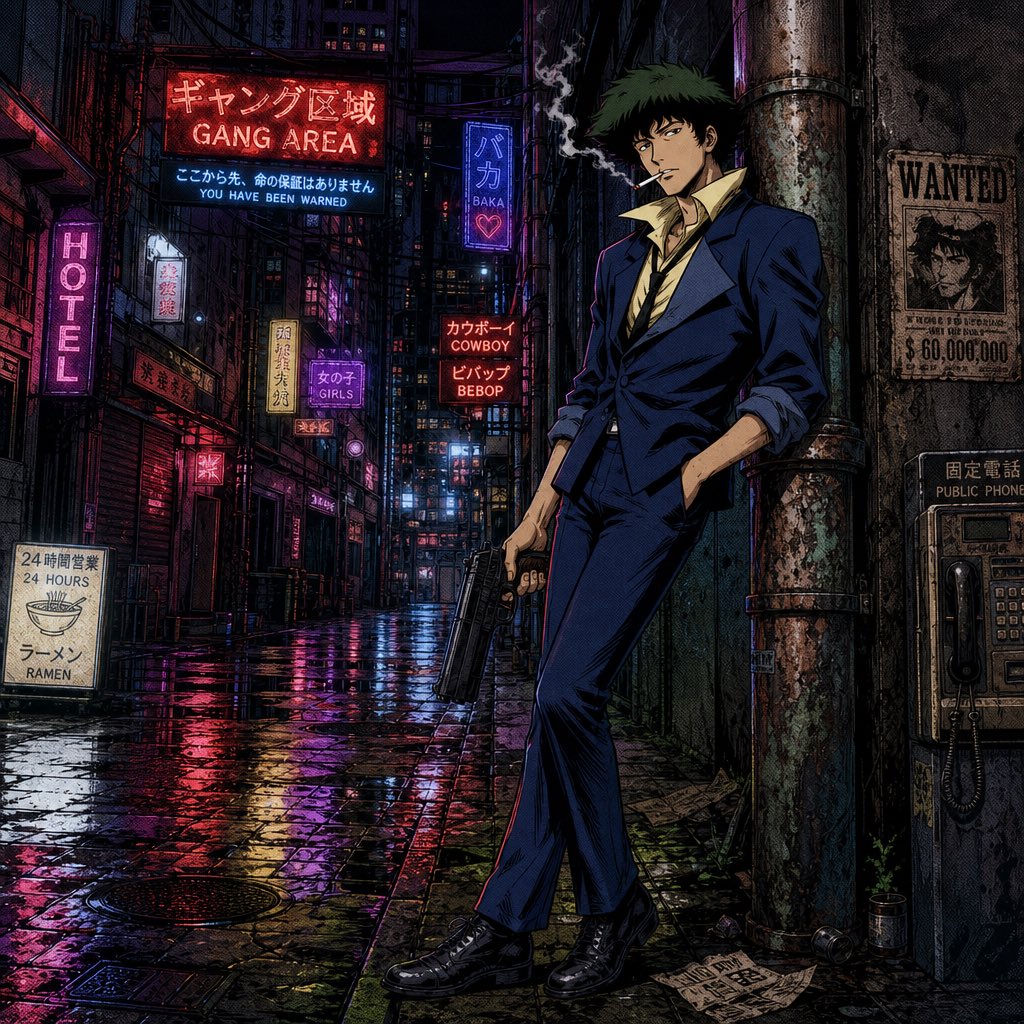 《星际牛仔》中的史派克·斯派格尔，夜晚站在一条肮脏潮湿的小巷中，倚靠着一根生锈的管道。角色有着凌乱的深绿色头发、削瘦的脸庞，带着无聊的表情，嘴里...