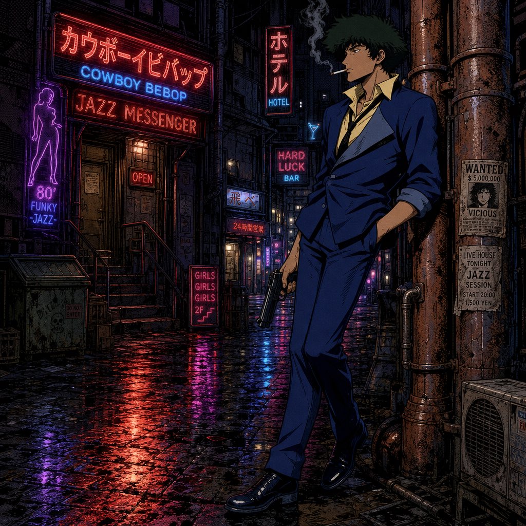 《星际牛仔》中的史派克·斯派格尔，夜晚站在一条肮脏潮湿的小巷中，倚靠着一根生锈的管道。角色有着凌乱的深绿色头发、削瘦的脸庞，带着无聊的表情，嘴里叼着一根香烟，目光望向镜头。他身穿深蓝色定制西装...