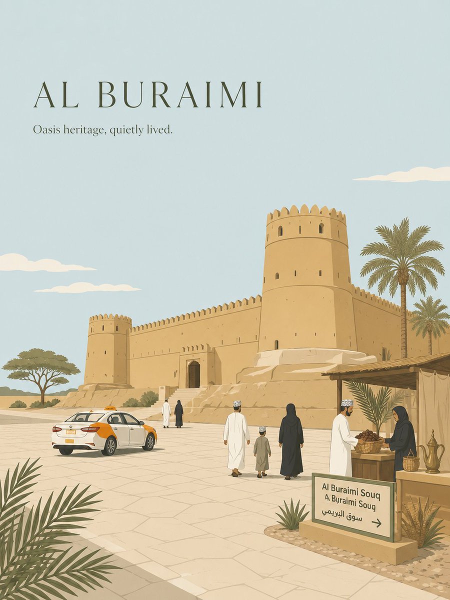 高级极简扁平矢量旅行海报,[alburimi oman],3:4 竖版。 创作一幅独特的城市专属旅行海报,捕捉 [CITY_NAME] 的真实个...