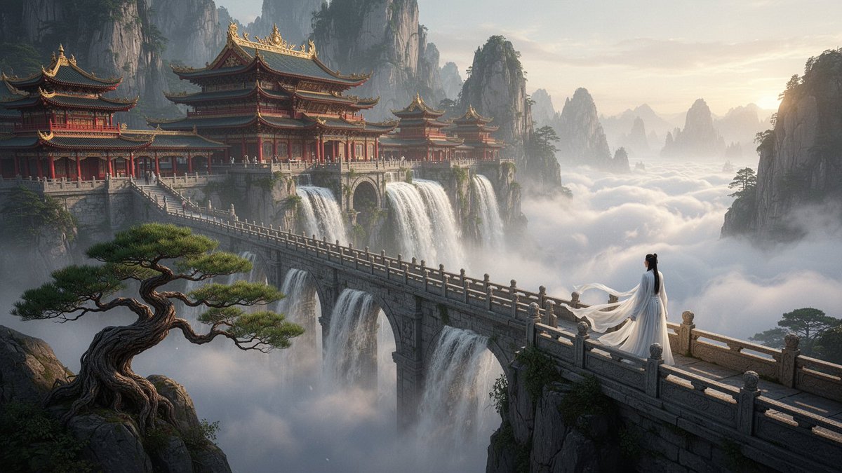 雄伟的天宫坐落在云雾缭绕的山崖之间，装饰华丽的红金相间的传统东亚寺庙建筑沿着一条长长的石桥延伸，巨型瀑布从桥上倾泻而下，汇入下方浩瀚的云海，一位...