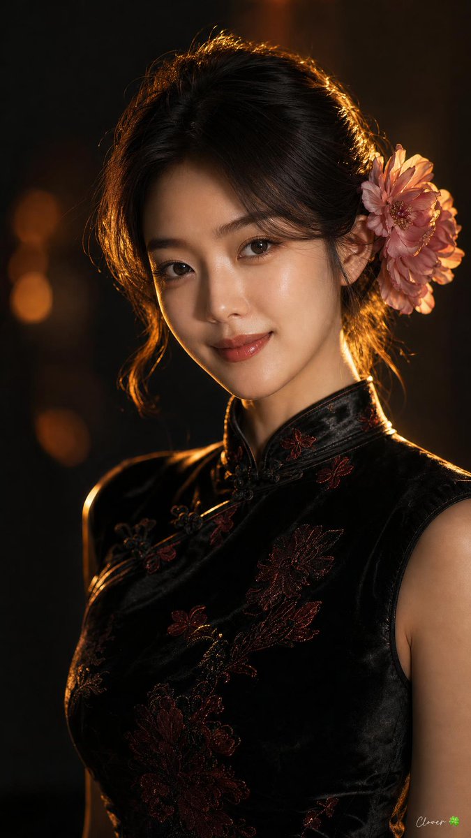 一位年轻貌美的东亚女性的电影感特写肖像,带着温柔温暖的笑容,身穿传统黑色天鹅绒旗袍,带有细腻的红色花卉图案,搭配高立领。她在精心打理的盘发中,耳...