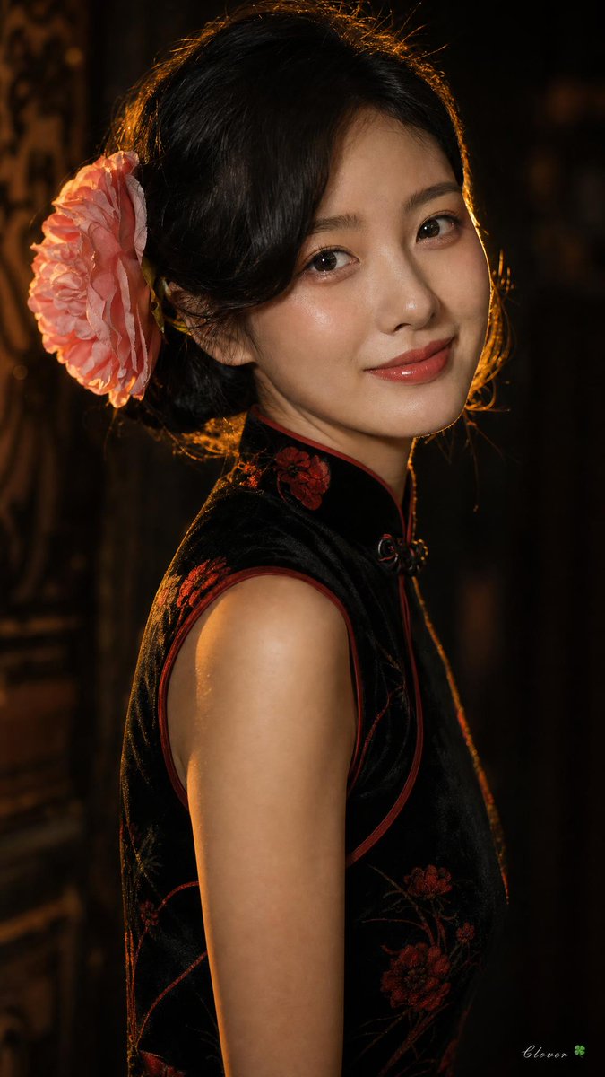 一位年轻貌美的东亚女性的电影感特写肖像,带着温柔温暖的笑容,身穿传统黑色天鹅绒旗袍,带有细腻的红色花卉图案,搭配高立领。她在精心打理的盘发中,耳朵后方别着一朵大型粉色花朵装饰。戏剧性的侧光照明...