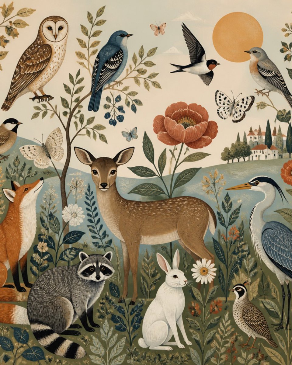 “富有奇趣的森林插画，包含鹿、狐狸、兔子、浣熊、猫头鹰、鸟儿、蝴蝶、花朵、起伏的山丘，以及柔和的复古童话书美学。” #aiart #ai htt...