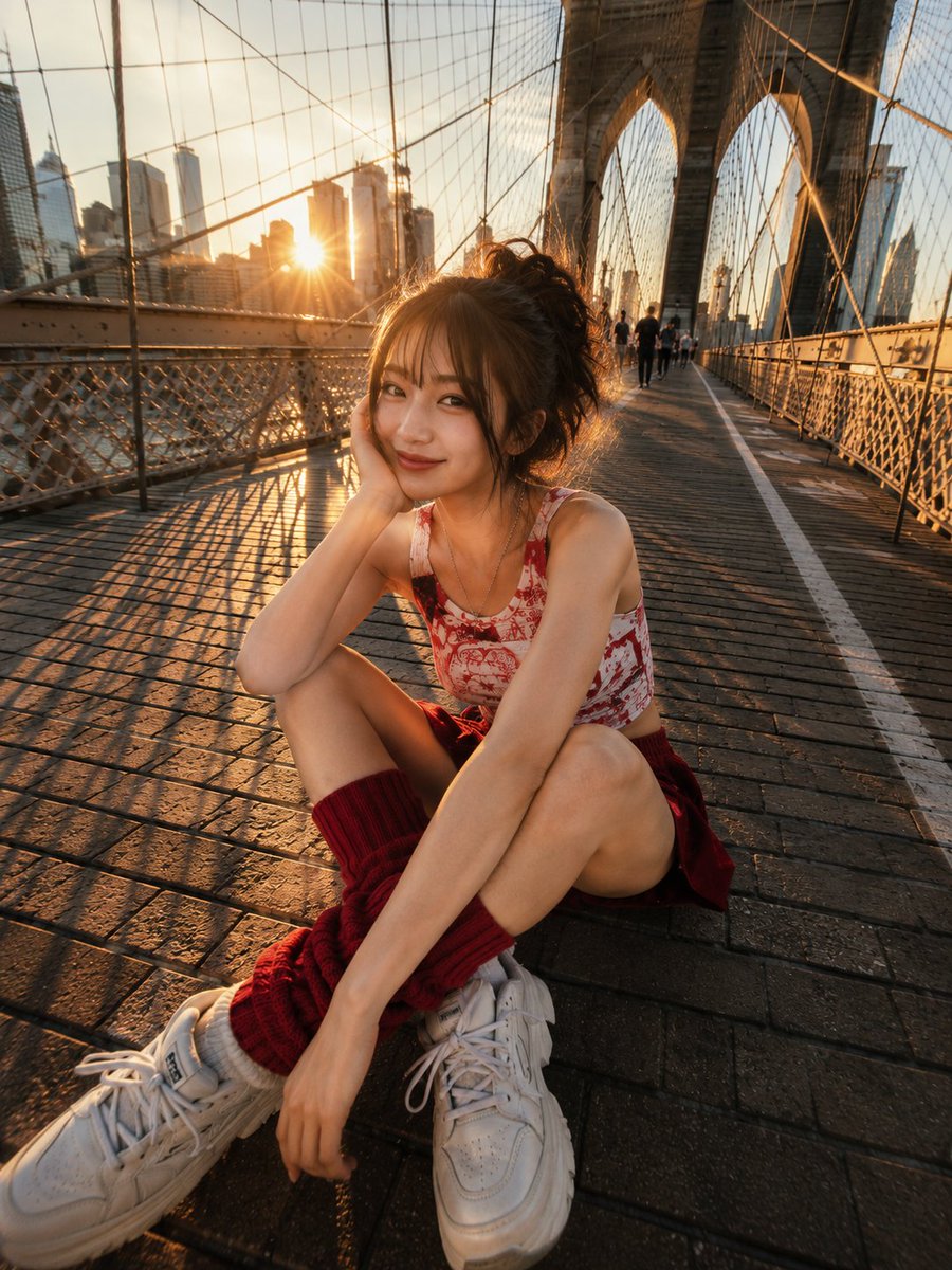 一张充满活力的抓拍街拍风格照片,一位年轻女子在黄金时段俏皮地坐在布鲁克林大桥的人行步道上。她面带灿烂笑容望向镜头,身穿红白图案的无袖上衣,搭配红...