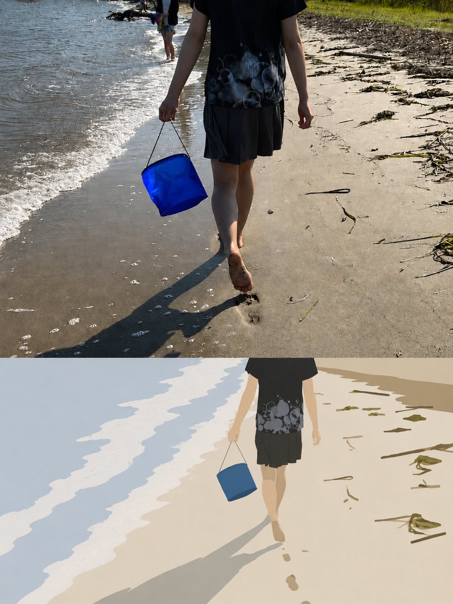根据参考照片创作一幅风格化的编辑插画，将真实的海滩场景转化为精致的纯手绘剪纸风格旅行艺术作品。从低角度、宽阔的视角描绘两位年轻女性欢快地跳跃在浅浅的海水之上。保留原始构图、身体姿势、服装轮廓、...