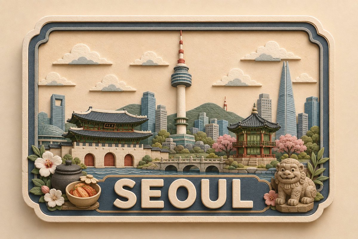 为 [LOCATION] 制作一款高级、可爱、手工感的 3D 纸艺与软陶目的地铭牌，作为统一全球收藏系列的一部分。 构图与几何：在归一化 100×100 网格上使用固定的水平带框布局。边框：x...