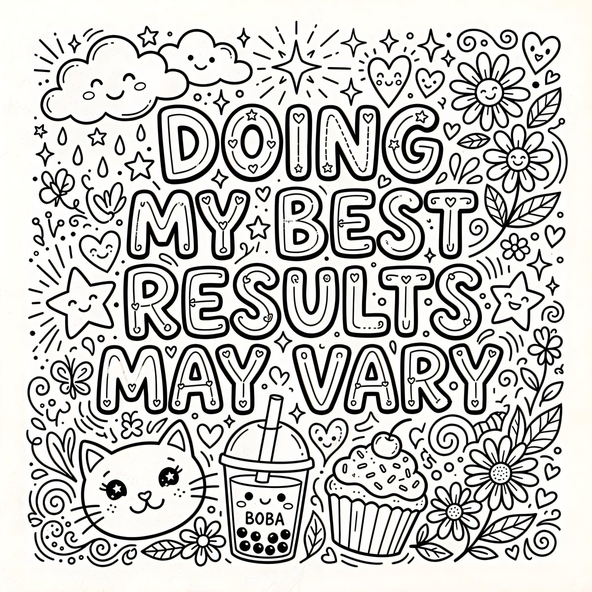 一幅黑白线条画以醒目的大号粗体泡泡字呈现文字 "DOING MY BEST RESULTS MAY VARY"（意为"尽我所能，结果可能会有所不...