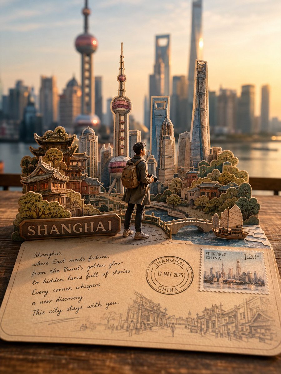 一张高度精细、照片写实风格的[DESTINATION]旅行明信片立体模型，为Instagram设计，从略微抬起的视角观看。一张真实的复古明信片置...