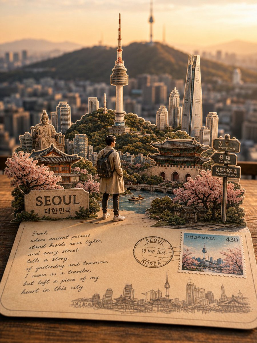 一张高度精细、照片写实风格的[DESTINATION]旅行明信片立体模型，为Instagram设计，从略微抬起的视角观看。一张真实的复古明信片置于前景，带有圆角、逼真的纸张质感、邮票、手写旅行...