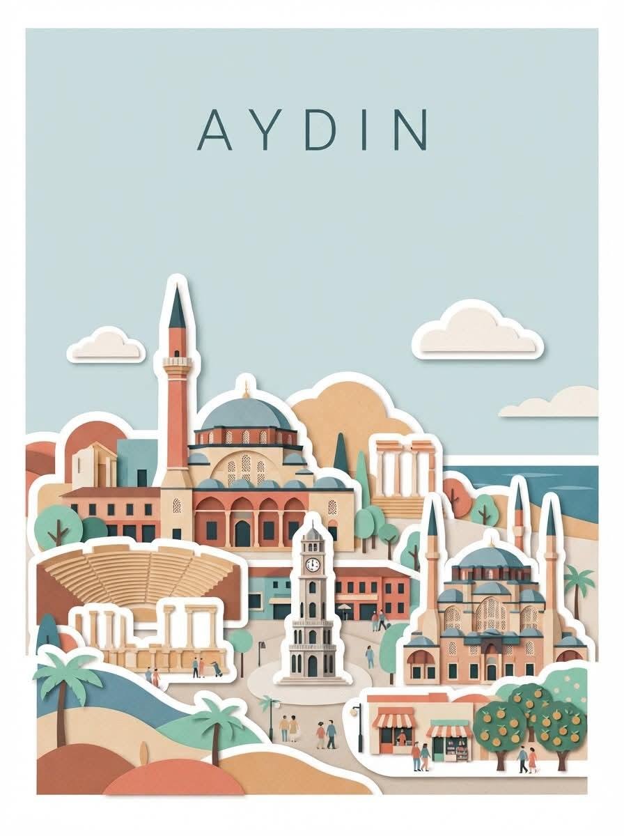 创作一幅极简编辑风格的旅行海报，主角为 [CITY, TURKEY]，灵感来自现代剪纸拼贴与手工旅行插画。使用温暖的奶油色/米白色纹理纸张背景，...