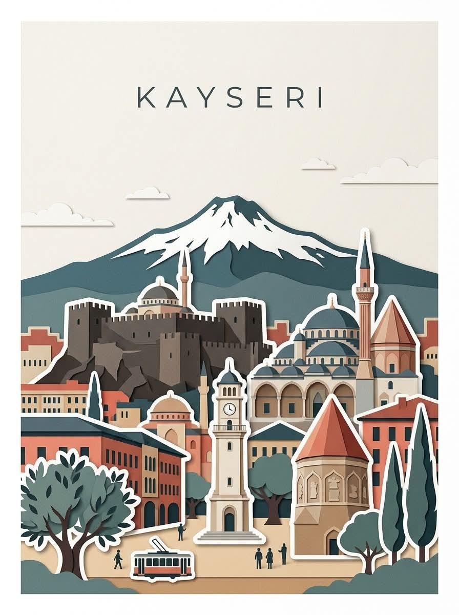 创作一幅极简编辑风格的旅行海报，主角为 [CITY, TURKEY]，灵感来自现代剪纸拼贴与手工旅行插画。使用温暖的奶油色/米白色纹理纸张背景，并采用干净的矩形海报构图。在顶部，以大号、优雅、...