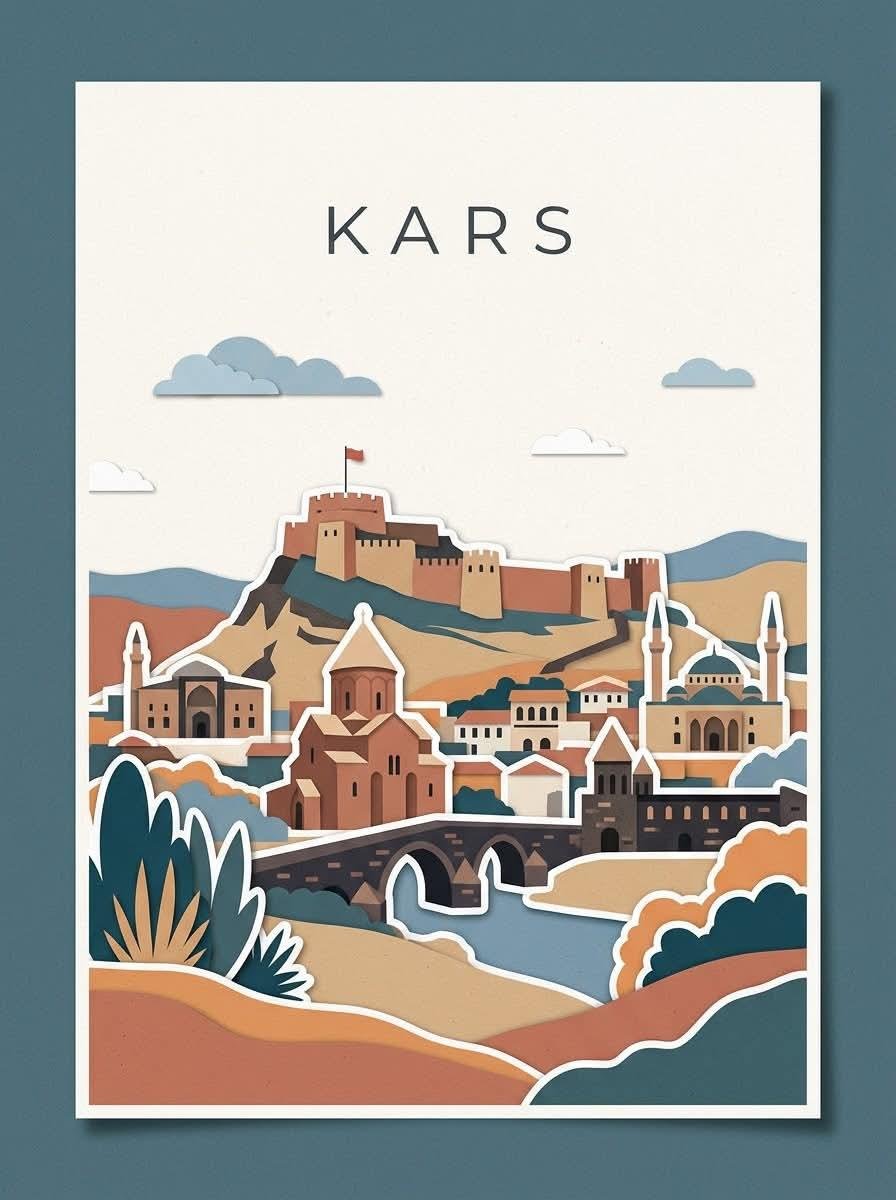 创作一幅极简编辑风格的旅行海报，主角为 [CITY, TURKEY]，灵感来自现代剪纸拼贴与手工旅行插画。使用温暖的奶油色/米白色纹理纸张背景，并采用干净的矩形海报构图。在顶部，以大号、优雅、...