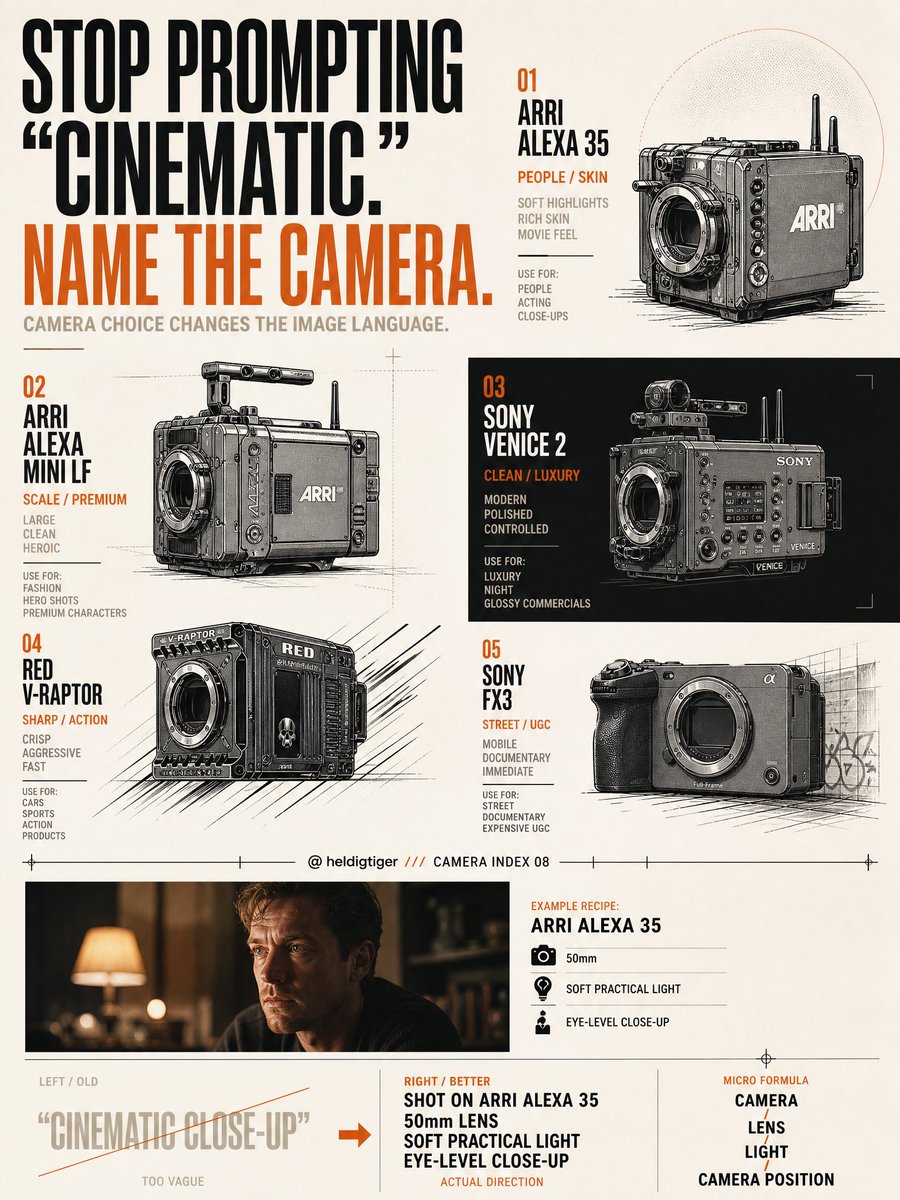 别在每个 Seedance 2.5 提示词里都写 cinematic 了。 试着给它一台真正的摄影机。 ARRI ALEXA 35 —— 拍人大...