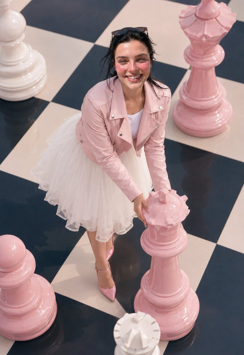 女王的棋步👑 提示词⤵️ 主体：一位年轻女性，深色湿发造型，太阳镜推至头顶，双颊泛着粉色红晕，朝镜头温暖微笑。她微微弯腰前倾，一只手向下伸去触摸...