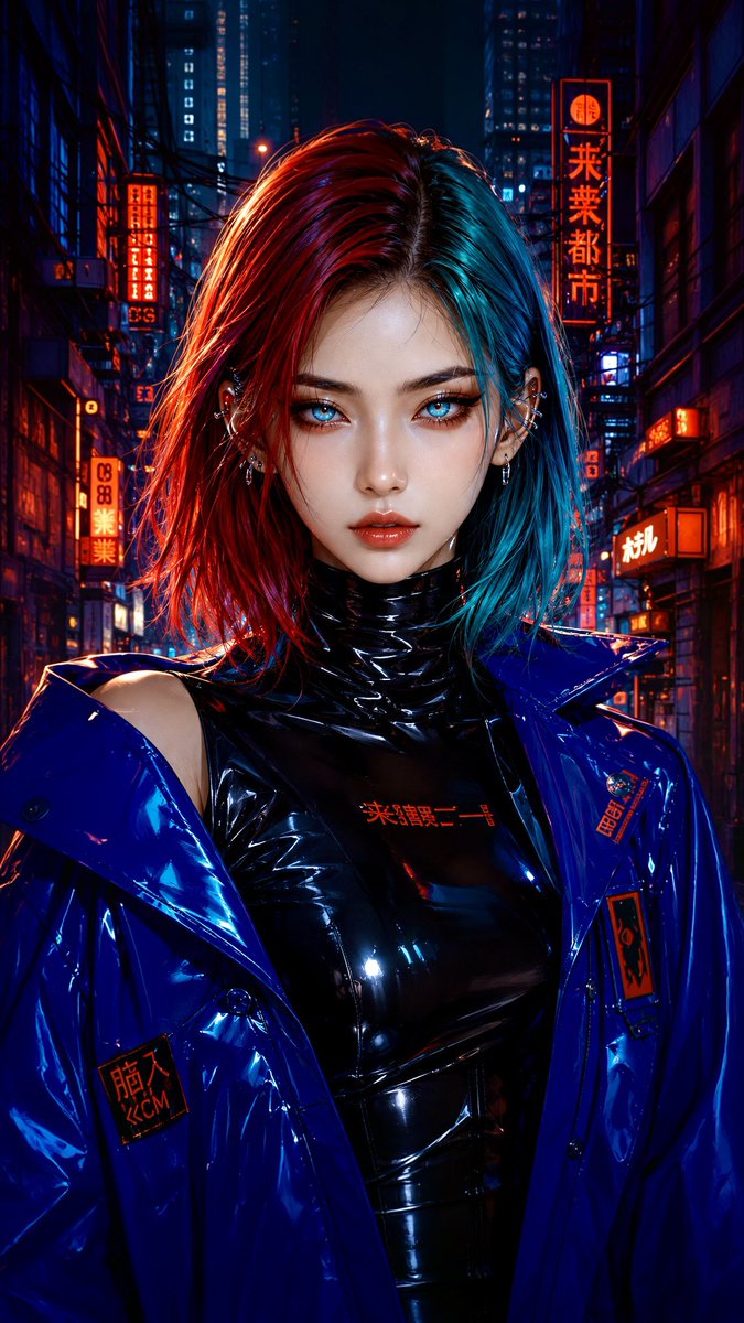 一幅风格化的赛博朋克时尚肖像，画中是一位引人注目的年轻女性，她有着光滑的齐肩酒红-青蓝色头发、明亮的冰蓝色眼睛、锋利的眼线、光泽的珊瑚色嘴唇，以...