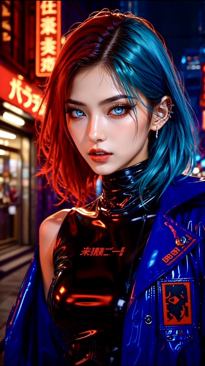 一幅风格化的赛博朋克时尚肖像，画中是一位引人注目的年轻女性，她有着光滑的齐肩酒红-青蓝色头发、明亮的冰蓝色眼睛、锋利的眼线、光泽的珊瑚色嘴唇，以及一只眼睛下方隐约的红色印记。她面朝镜头，神情冷...