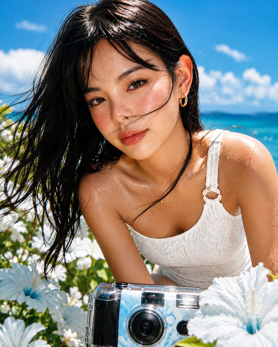 超写实特写海滩人像：一位美丽的年轻东亚女性在海边郁郁葱葱的热带花园中，微微向镜头倾斜。她拥有一头海风轻拂过的柔顺乌黑长发，柔软的碎刘海修饰着脸庞...