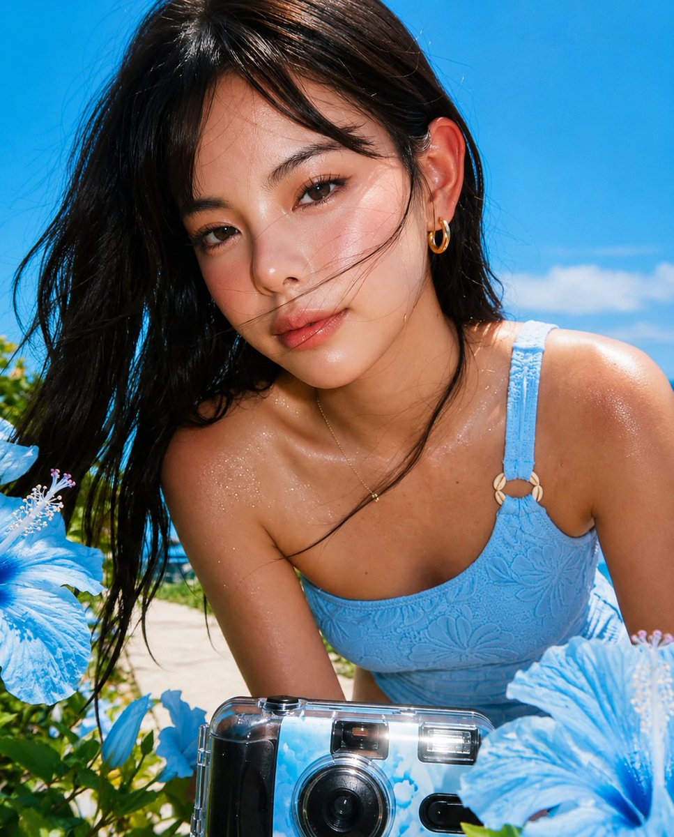 超写实特写海滩人像：一位美丽的年轻东亚女性在海边郁郁葱葱的热带花园中，微微向镜头倾斜。她拥有一头海风轻拂过的柔顺乌黑长发，柔软的碎刘海修饰着脸庞。她的肌肤散发着自然阳光亲吻后的光泽，肩部和锁骨...